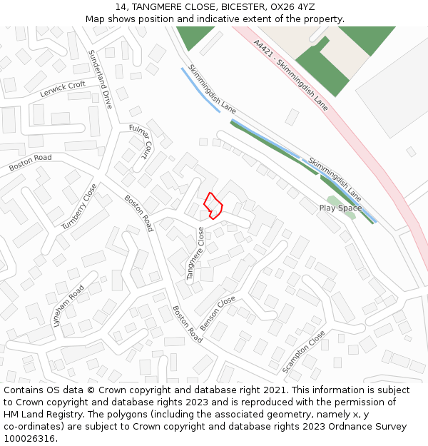 14, TANGMERE CLOSE, BICESTER, OX26 4YZ: Location map and indicative extent of plot