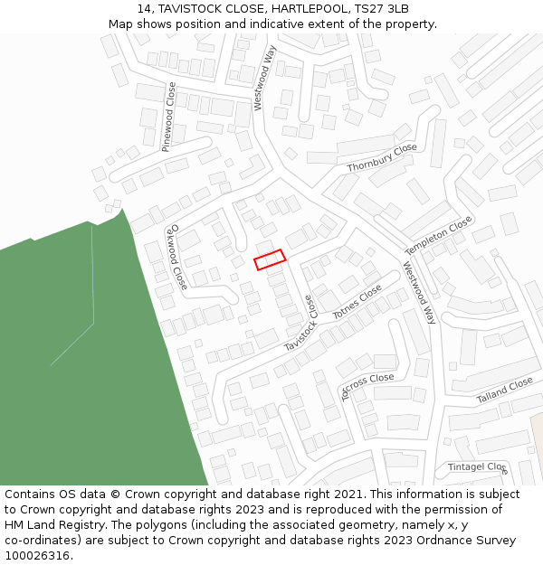 14, TAVISTOCK CLOSE, HARTLEPOOL, TS27 3LB: Location map and indicative extent of plot