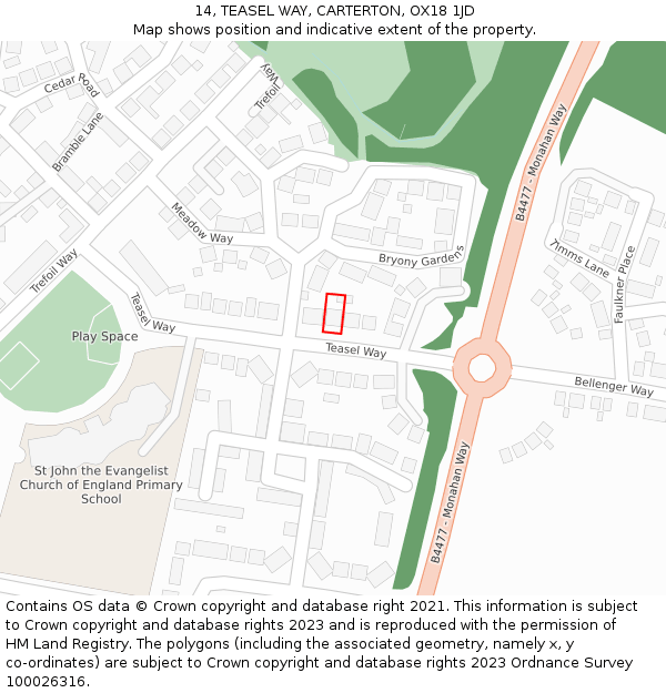 14, TEASEL WAY, CARTERTON, OX18 1JD: Location map and indicative extent of plot