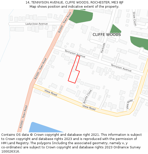 14, TENNYSON AVENUE, CLIFFE WOODS, ROCHESTER, ME3 8JF: Location map and indicative extent of plot