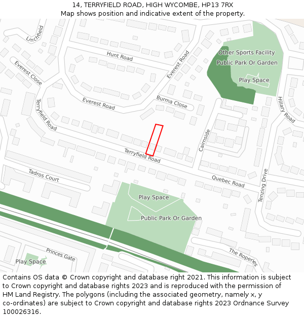 14, TERRYFIELD ROAD, HIGH WYCOMBE, HP13 7RX: Location map and indicative extent of plot