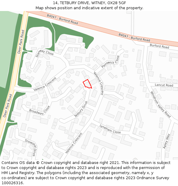 14, TETBURY DRIVE, WITNEY, OX28 5GF: Location map and indicative extent of plot