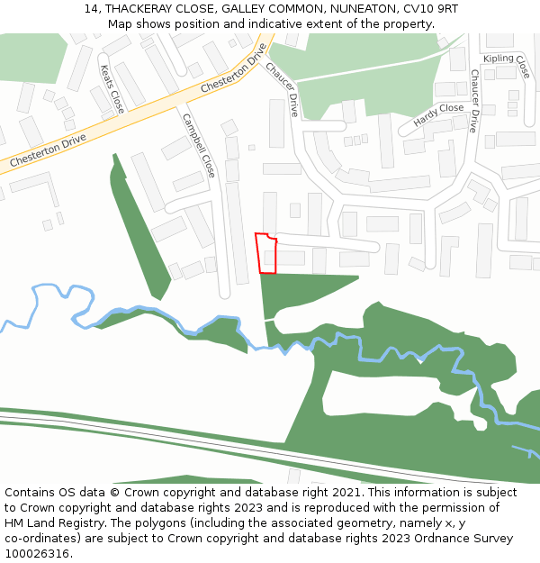 14, THACKERAY CLOSE, GALLEY COMMON, NUNEATON, CV10 9RT: Location map and indicative extent of plot