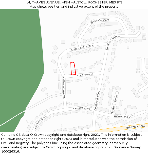 14, THAMES AVENUE, HIGH HALSTOW, ROCHESTER, ME3 8TE: Location map and indicative extent of plot