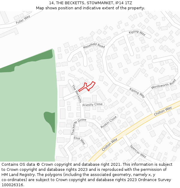 14, THE BECKETTS, STOWMARKET, IP14 1TZ: Location map and indicative extent of plot