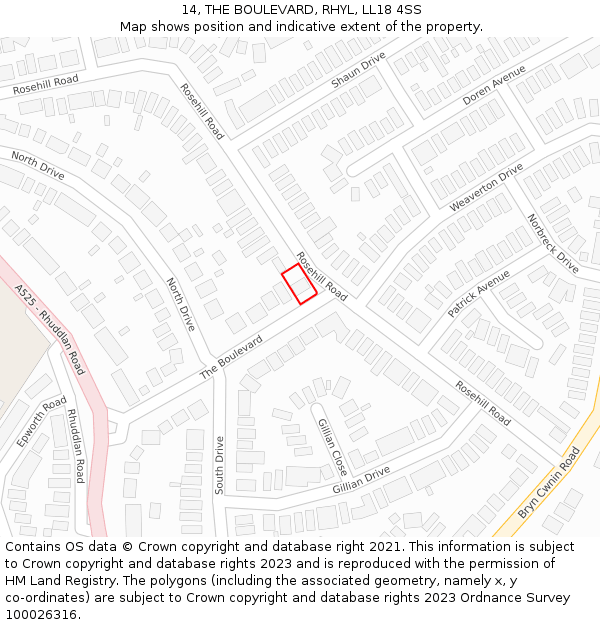 14, THE BOULEVARD, RHYL, LL18 4SS: Location map and indicative extent of plot