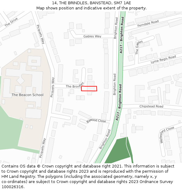 14, THE BRINDLES, BANSTEAD, SM7 1AE: Location map and indicative extent of plot