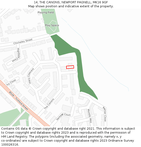 14, THE CANONS, NEWPORT PAGNELL, MK16 9GF: Location map and indicative extent of plot