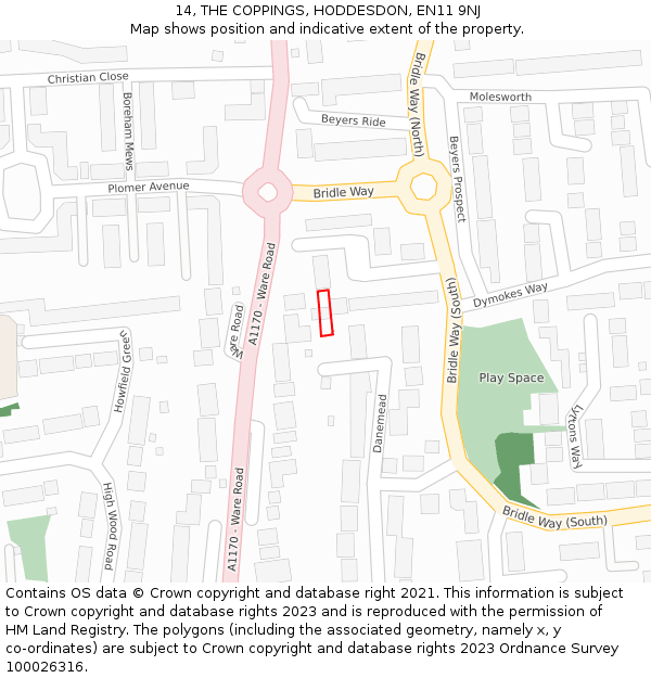 14, THE COPPINGS, HODDESDON, EN11 9NJ: Location map and indicative extent of plot