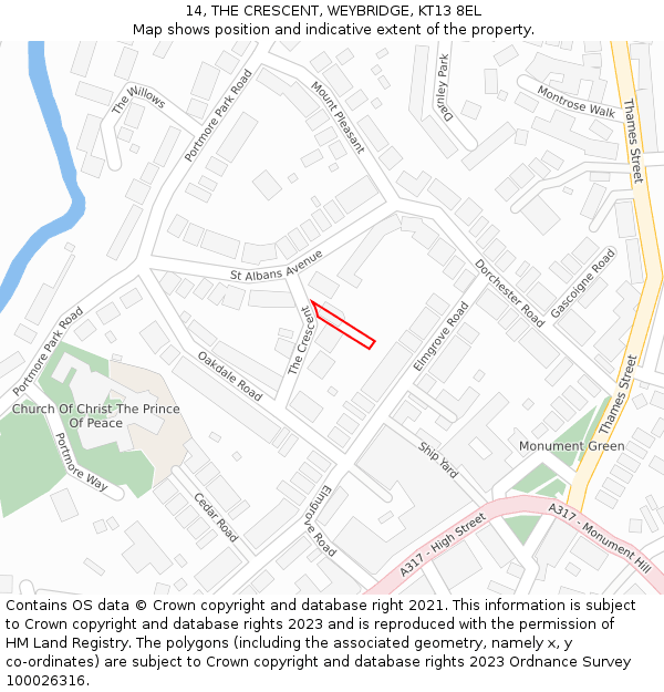 14, THE CRESCENT, WEYBRIDGE, KT13 8EL: Location map and indicative extent of plot