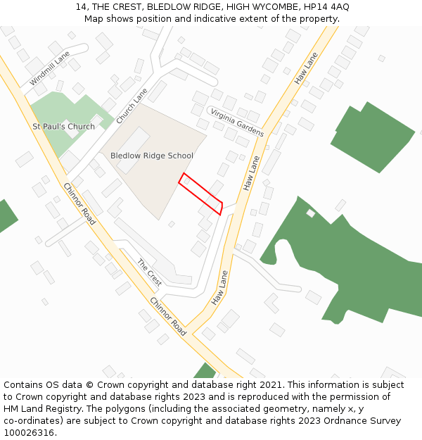 14, THE CREST, BLEDLOW RIDGE, HIGH WYCOMBE, HP14 4AQ: Location map and indicative extent of plot