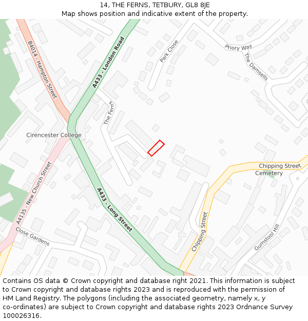 14, THE FERNS, TETBURY, GL8 8JE: Location map and indicative extent of plot