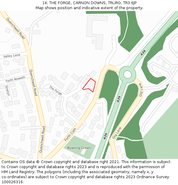 14, THE FORGE, CARNON DOWNS, TRURO, TR3 6JP: Location map and indicative extent of plot