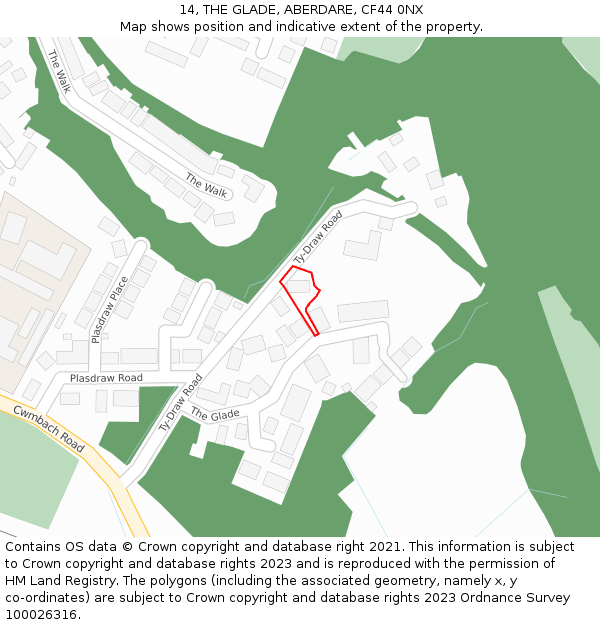 14, THE GLADE, ABERDARE, CF44 0NX: Location map and indicative extent of plot