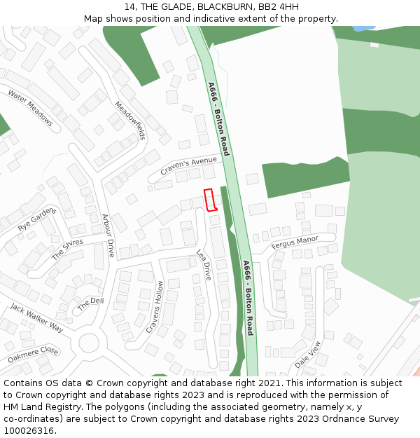 14, THE GLADE, BLACKBURN, BB2 4HH: Location map and indicative extent of plot