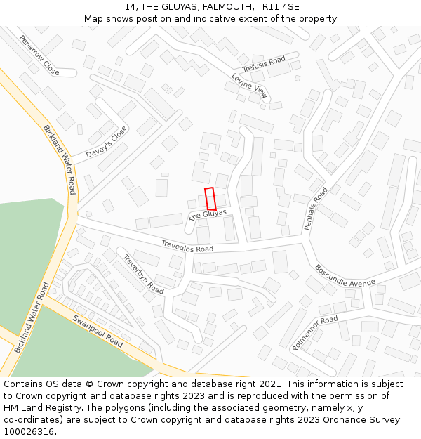 14, THE GLUYAS, FALMOUTH, TR11 4SE: Location map and indicative extent of plot