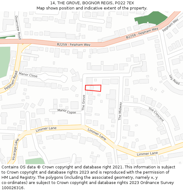 14, THE GROVE, BOGNOR REGIS, PO22 7EX: Location map and indicative extent of plot