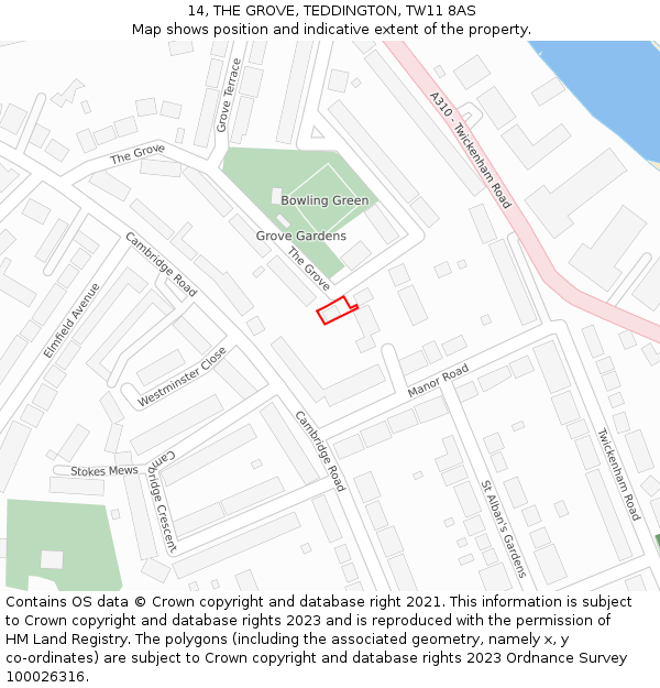 14, THE GROVE, TEDDINGTON, TW11 8AS: Location map and indicative extent of plot