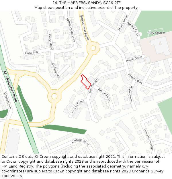 14, THE HARRIERS, SANDY, SG19 2TF: Location map and indicative extent of plot