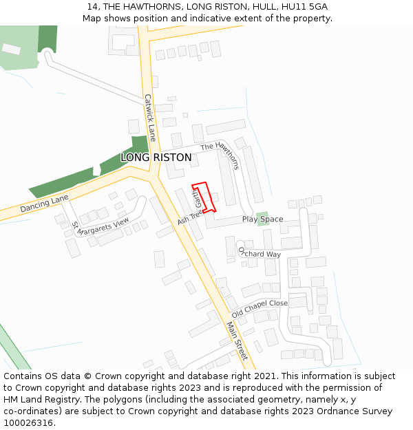 14, THE HAWTHORNS, LONG RISTON, HULL, HU11 5GA: Location map and indicative extent of plot