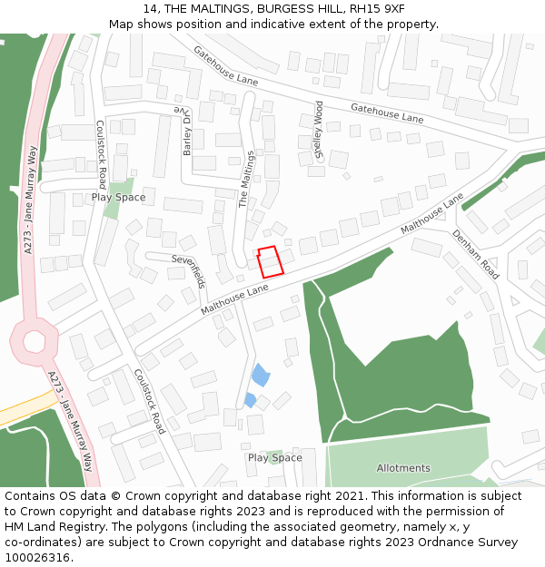 14, THE MALTINGS, BURGESS HILL, RH15 9XF: Location map and indicative extent of plot