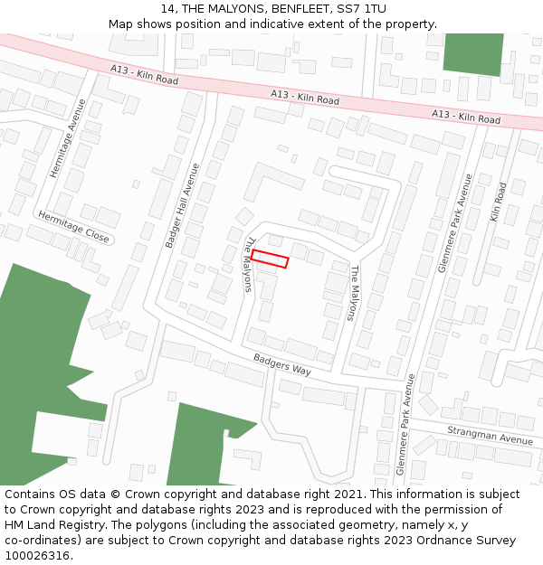 14, THE MALYONS, BENFLEET, SS7 1TU: Location map and indicative extent of plot