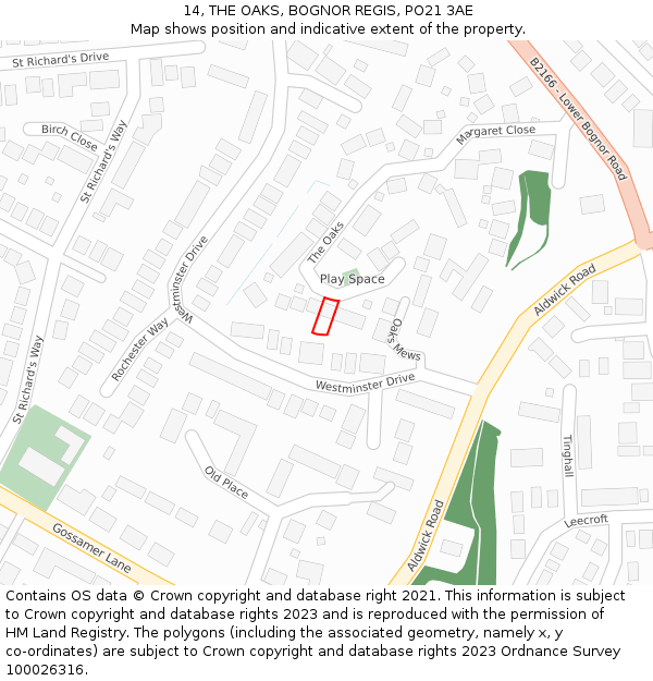 14, THE OAKS, BOGNOR REGIS, PO21 3AE: Location map and indicative extent of plot