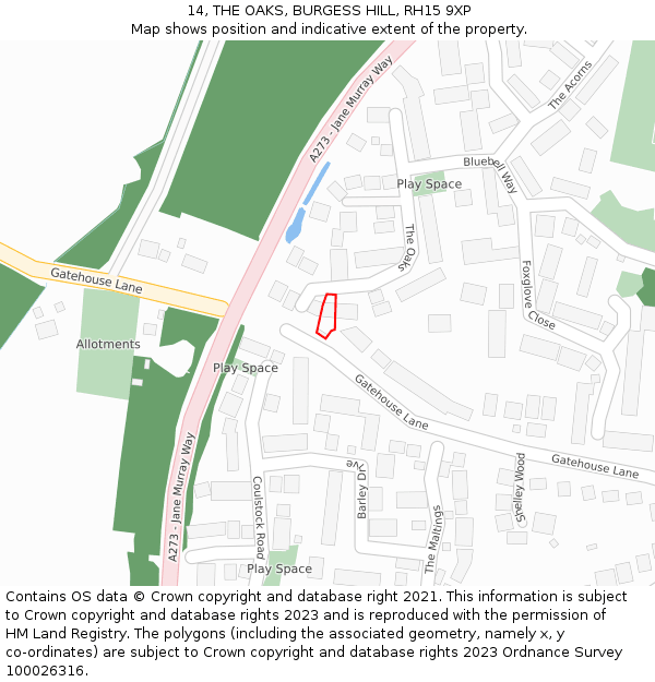 14, THE OAKS, BURGESS HILL, RH15 9XP: Location map and indicative extent of plot