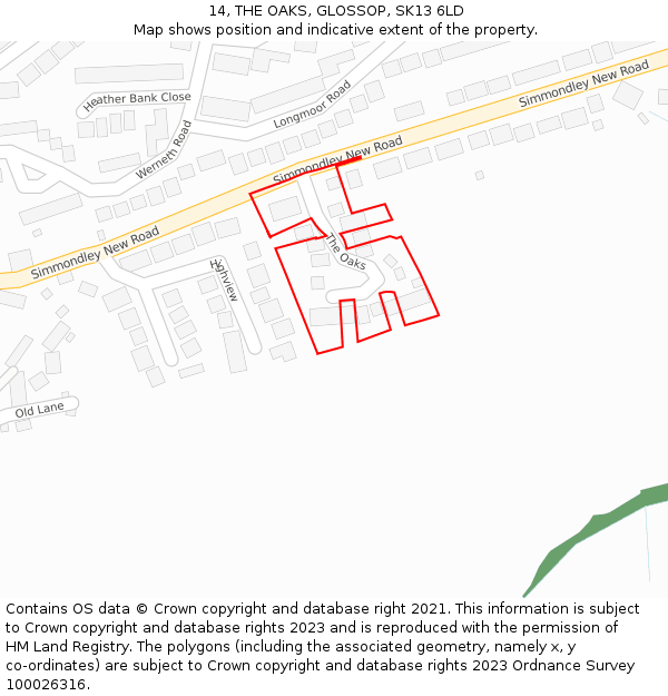 14, THE OAKS, GLOSSOP, SK13 6LD: Location map and indicative extent of plot