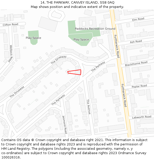 14, THE PARKWAY, CANVEY ISLAND, SS8 0AQ: Location map and indicative extent of plot