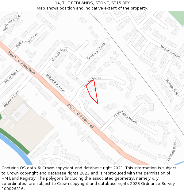 14, THE REDLANDS, STONE, ST15 8PX: Location map and indicative extent of plot