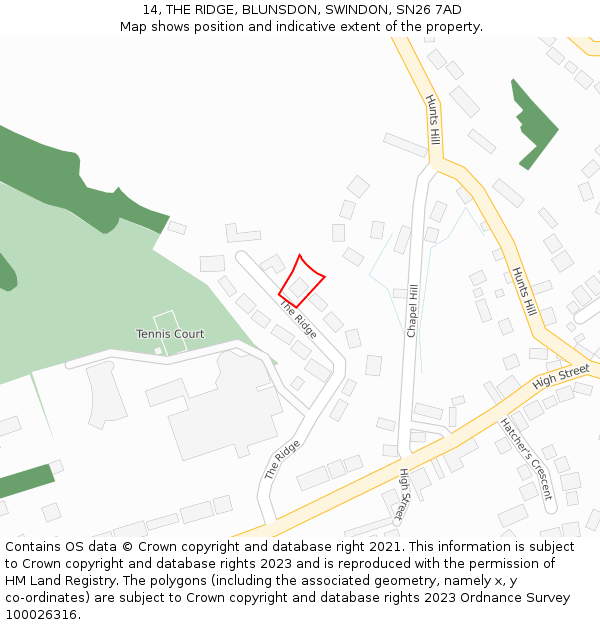 14, THE RIDGE, BLUNSDON, SWINDON, SN26 7AD: Location map and indicative extent of plot