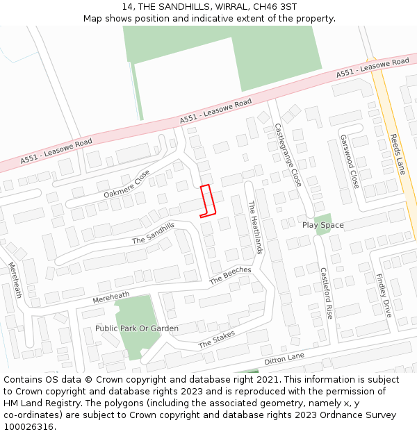 14, THE SANDHILLS, WIRRAL, CH46 3ST: Location map and indicative extent of plot