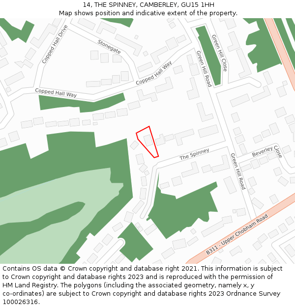 14, THE SPINNEY, CAMBERLEY, GU15 1HH: Location map and indicative extent of plot