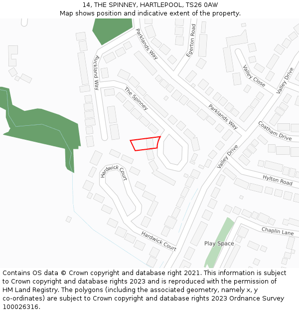 14, THE SPINNEY, HARTLEPOOL, TS26 0AW: Location map and indicative extent of plot