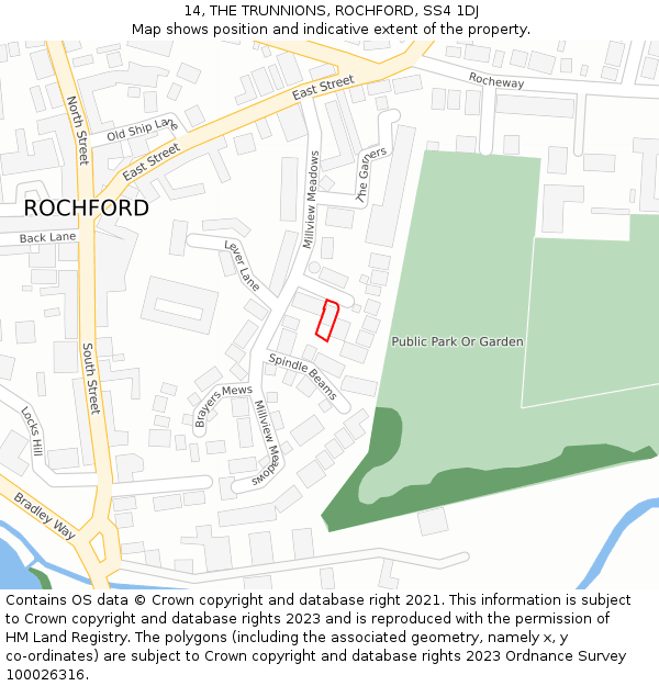 14, THE TRUNNIONS, ROCHFORD, SS4 1DJ: Location map and indicative extent of plot