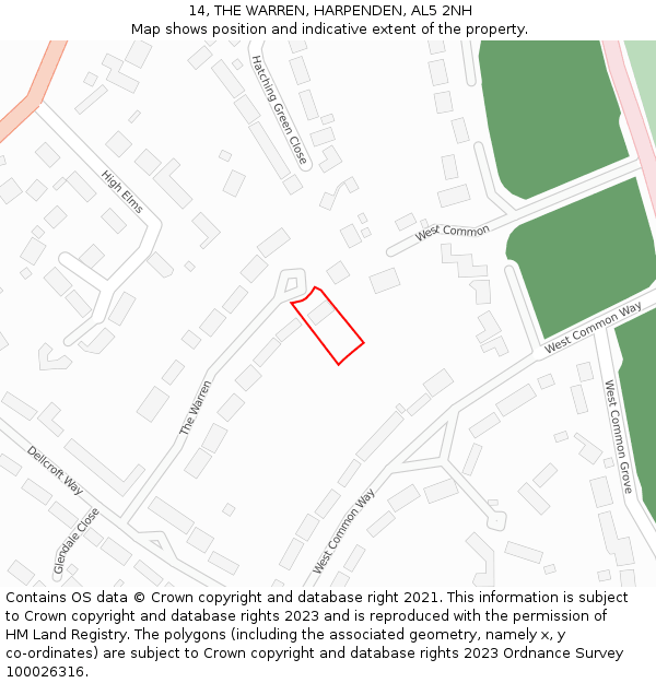 14, THE WARREN, HARPENDEN, AL5 2NH: Location map and indicative extent of plot