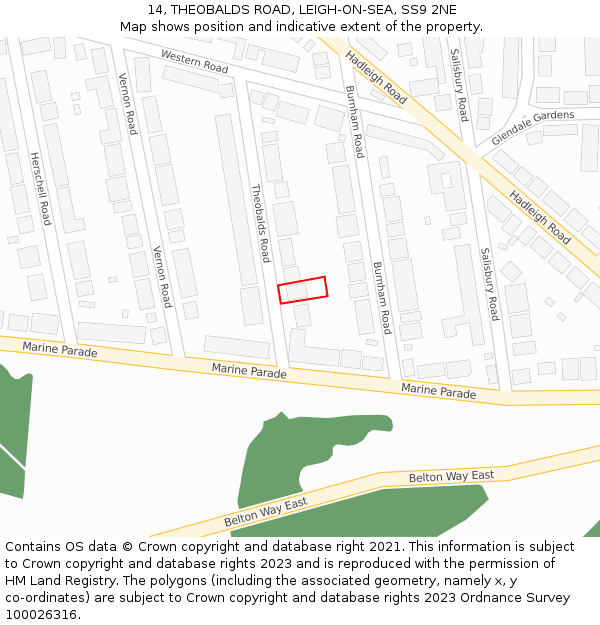 14, THEOBALDS ROAD, LEIGH-ON-SEA, SS9 2NE: Location map and indicative extent of plot