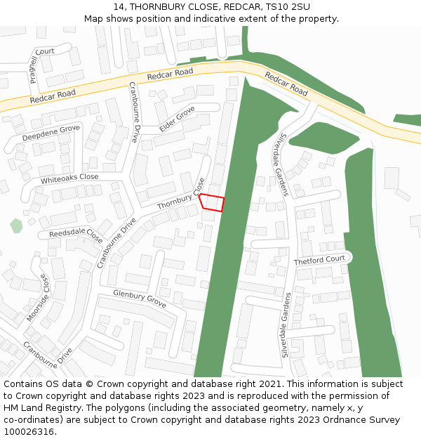 14, THORNBURY CLOSE, REDCAR, TS10 2SU: Location map and indicative extent of plot