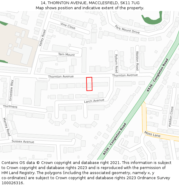 14, THORNTON AVENUE, MACCLESFIELD, SK11 7UG: Location map and indicative extent of plot