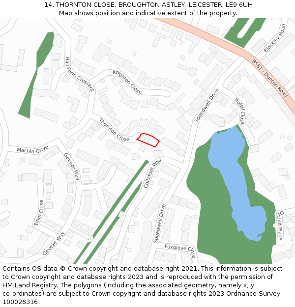 14, THORNTON CLOSE, BROUGHTON ASTLEY, LEICESTER, LE9 6UH: Location map and indicative extent of plot