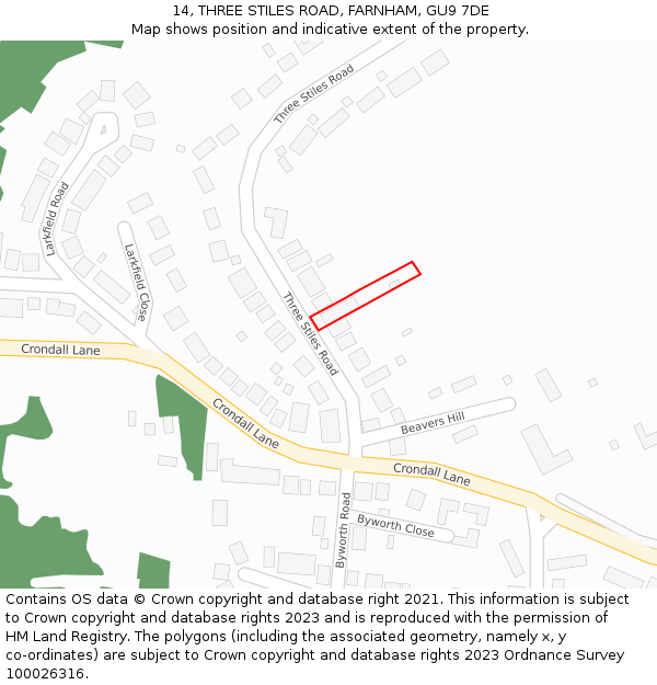 14, THREE STILES ROAD, FARNHAM, GU9 7DE: Location map and indicative extent of plot