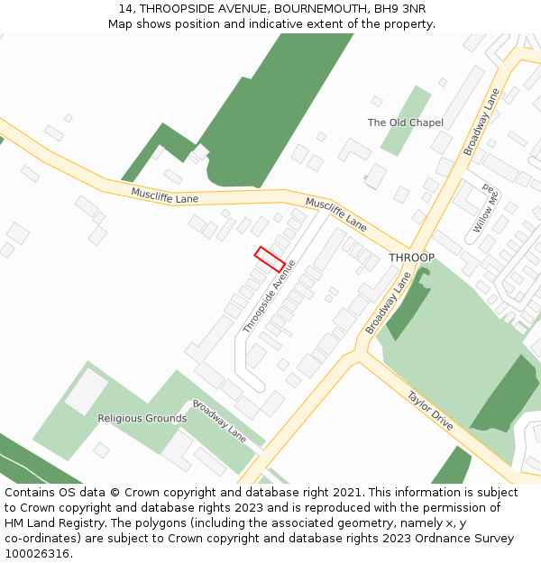 14, THROOPSIDE AVENUE, BOURNEMOUTH, BH9 3NR: Location map and indicative extent of plot