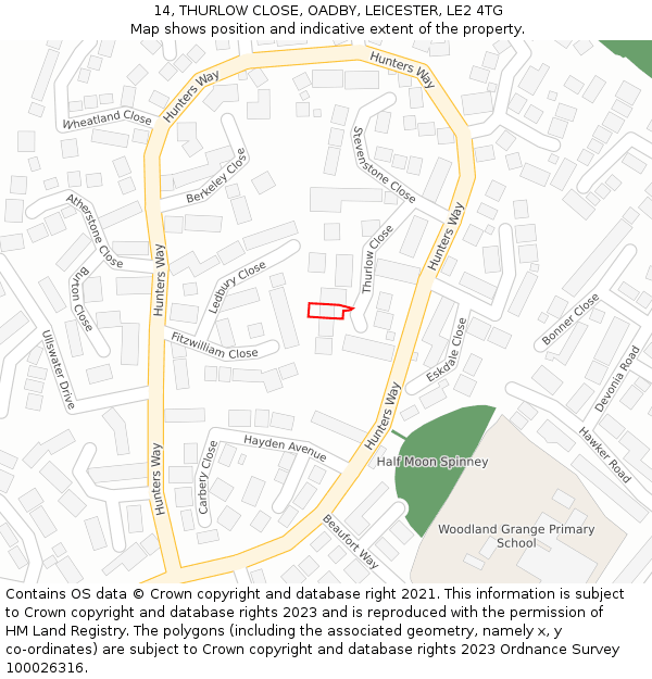 14, THURLOW CLOSE, OADBY, LEICESTER, LE2 4TG: Location map and indicative extent of plot