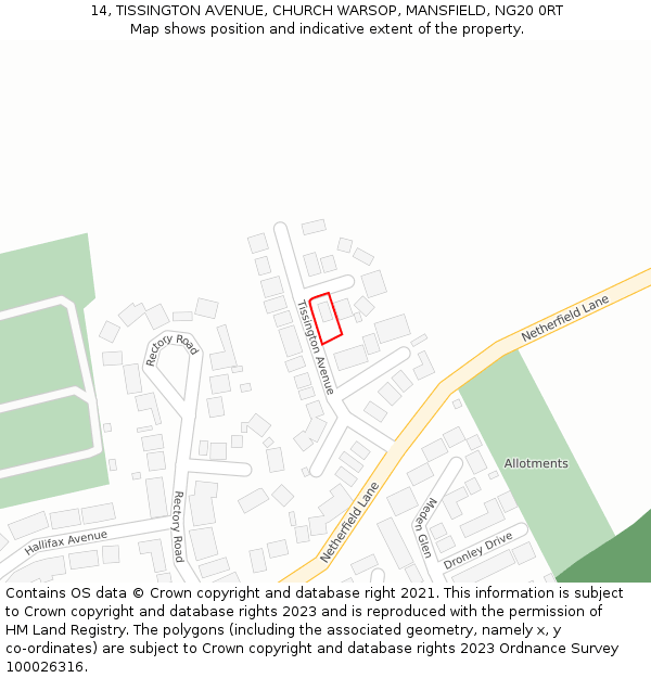 14, TISSINGTON AVENUE, CHURCH WARSOP, MANSFIELD, NG20 0RT: Location map and indicative extent of plot