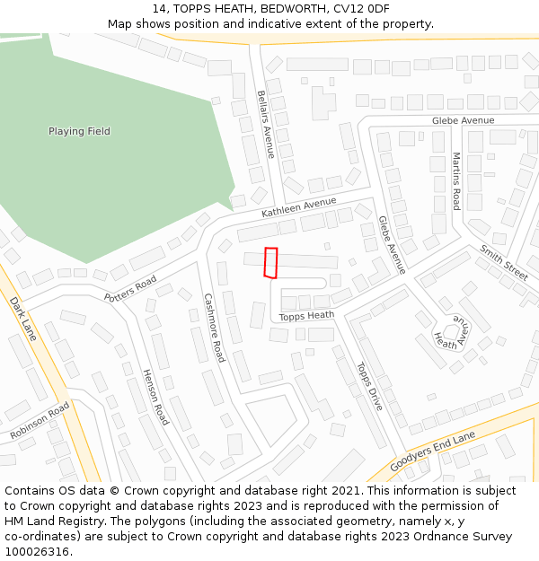 14, TOPPS HEATH, BEDWORTH, CV12 0DF: Location map and indicative extent of plot