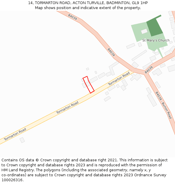 14, TORMARTON ROAD, ACTON TURVILLE, BADMINTON, GL9 1HP: Location map and indicative extent of plot