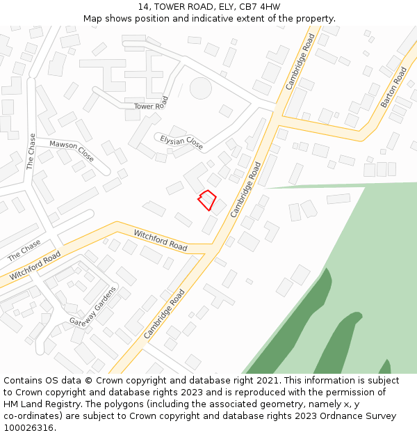 14, TOWER ROAD, ELY, CB7 4HW: Location map and indicative extent of plot
