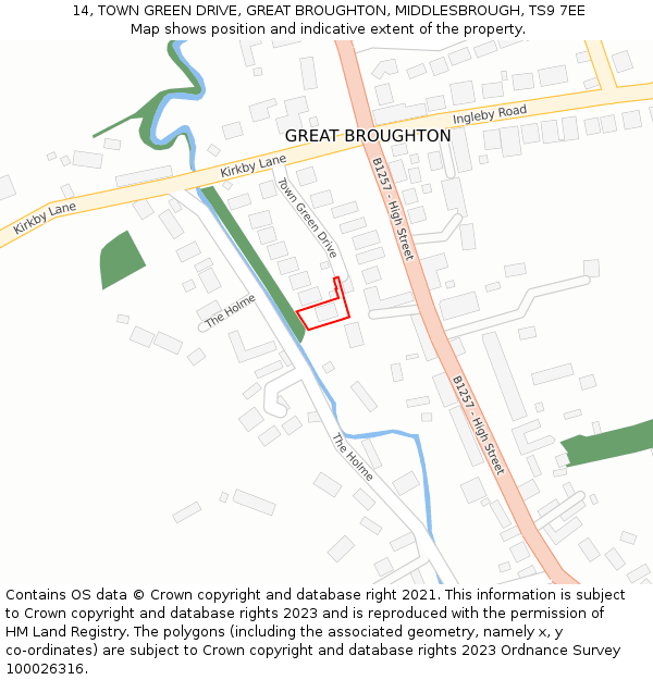 14, TOWN GREEN DRIVE, GREAT BROUGHTON, MIDDLESBROUGH, TS9 7EE: Location map and indicative extent of plot