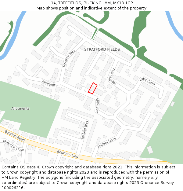 14, TREEFIELDS, BUCKINGHAM, MK18 1GP: Location map and indicative extent of plot